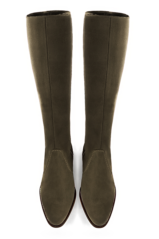 Khaki green women's riding knee-high boots. Round toe. Low leather soles. Made to measure. Top view - Florence KOOIJMAN